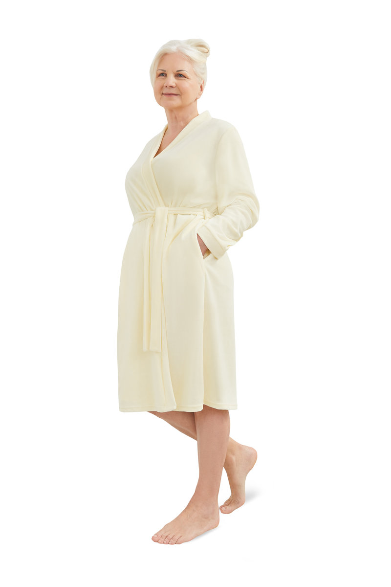 SZLAFROK DAMSKI XL/2XL KREMOWY CIEPŁY MIĘKKI DŁUGI ELEGANCKI WIĄZANY WELUROWY