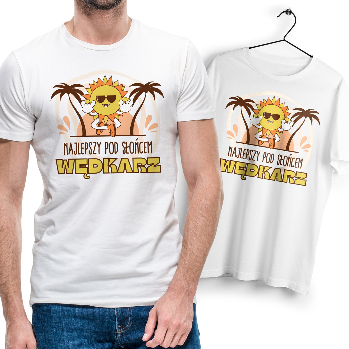 Koszulka Męska Biała dla Wędkarza Bawełniana T-shirt Trwały Nadruk