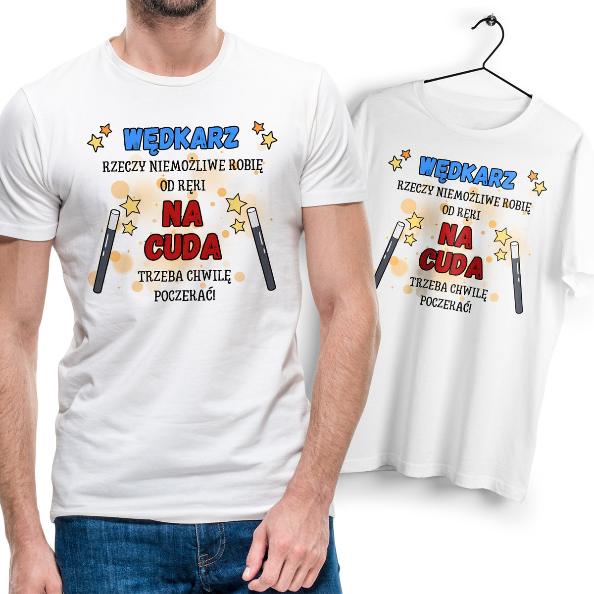 Koszulka Męska Biała dla Wędkarza Bawełniana T-shirt Trwały Nadruk