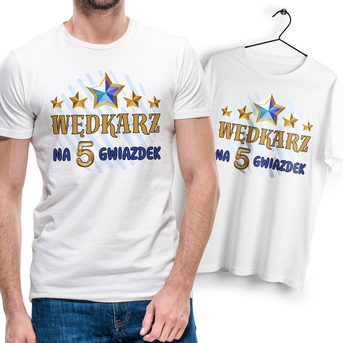 Koszulka Męska Biała dla Wędkarza Bawełniana T-shirt Trwały Nadruk
