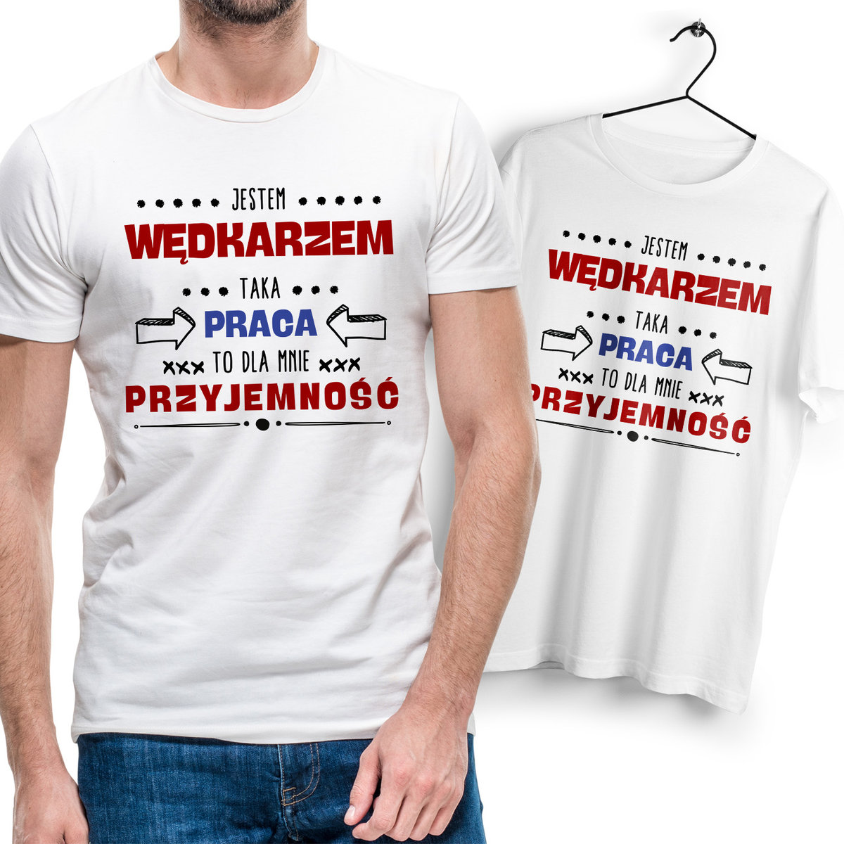 Koszulka Męska Biała dla Wędkarza Bawełniana T-shirt Trwały Nadruk