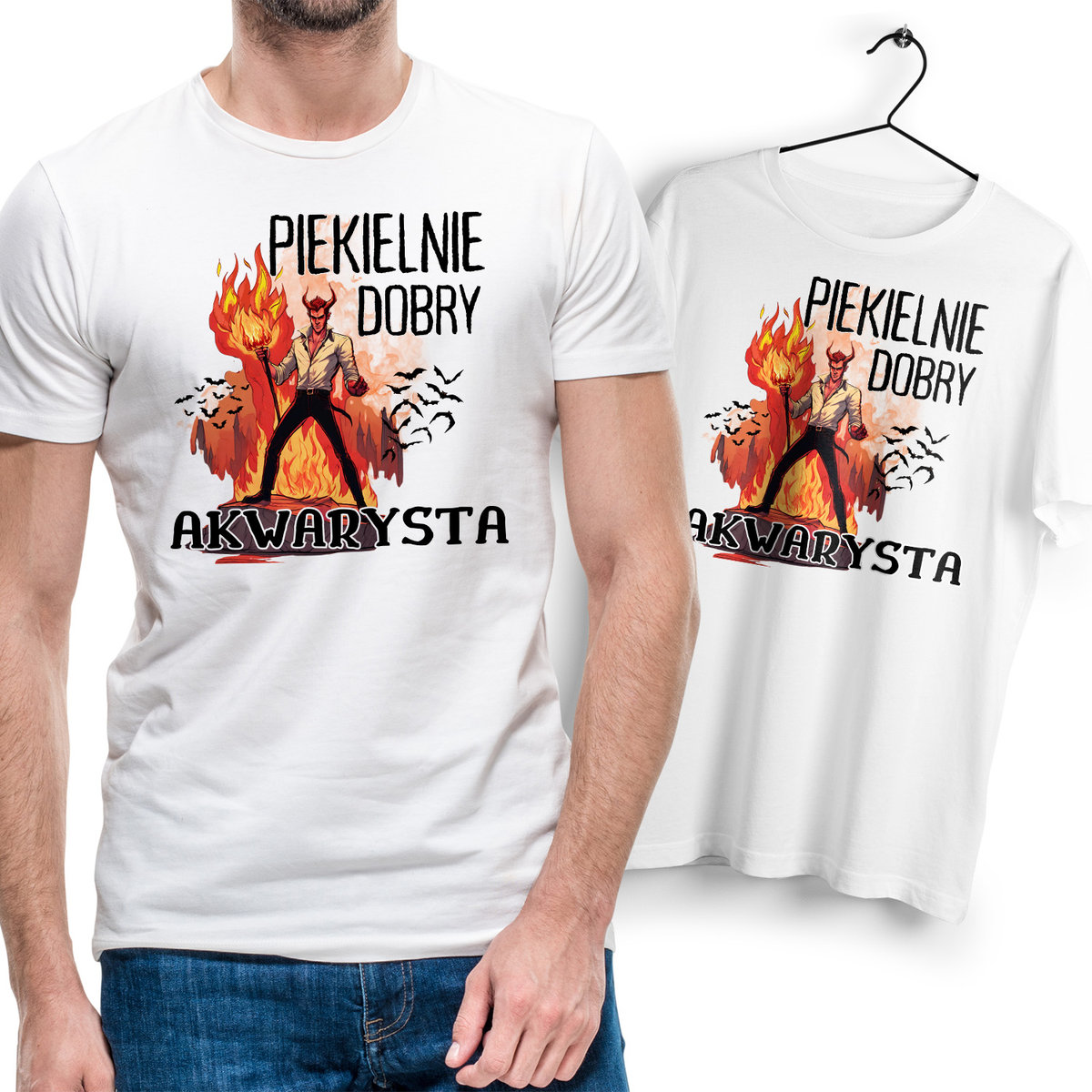 Koszulka Męska Biała dla Akwarysty Bawełniana T-shirt Trwały Nadruk