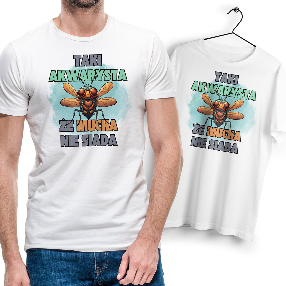 Koszulka Męska Biała dla Akwarysty Bawełniana T-shirt Trwały Nadruk