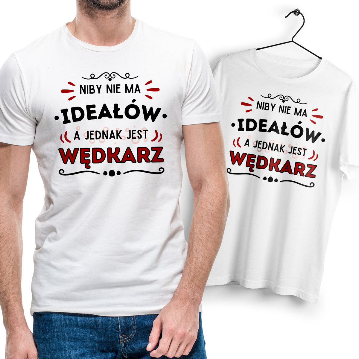 Koszulka Męska Biała dla Wędkarza Bawełniana T-shirt Trwały Nadruk