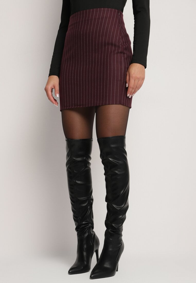 Bordowa Ołówkowa Spódnica z Wiskozą Ozdobiona Paskami Zozicea