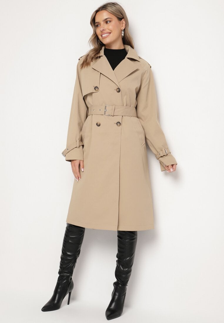 Ciemnobeżowy Płaszcz Dwurzędowy Trencz Ozdobiony Paskiem i Pagonami Malwissa