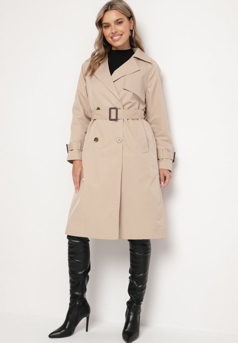 Beżowy Płaszcz w Stylu Trencza Ozdobiony Paskiem z Klamrą Ninellira