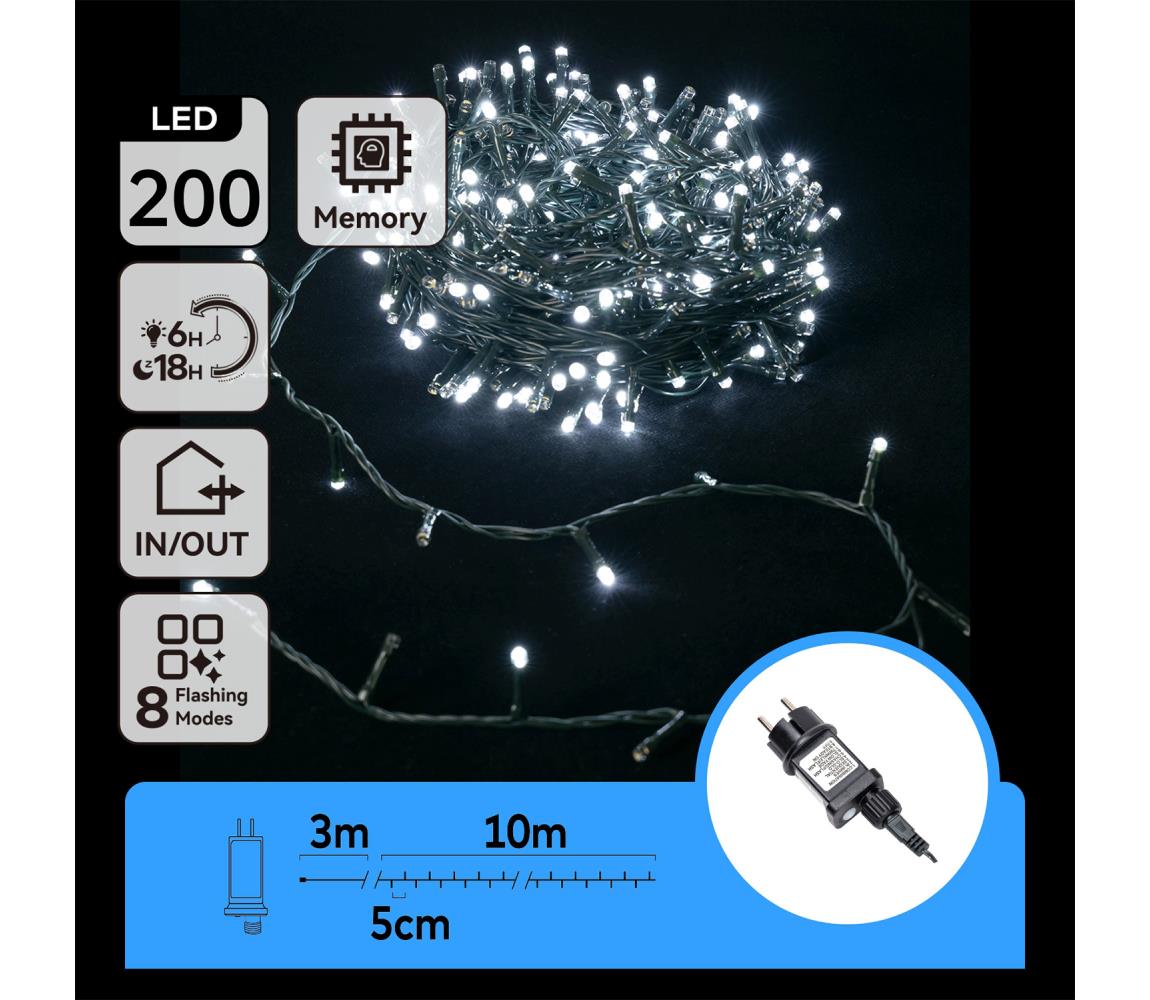 Aigostar - LED Zewnętrzny łańcuch świąteczny 200xLED/8 funkcje 13m IP44 zimna biel