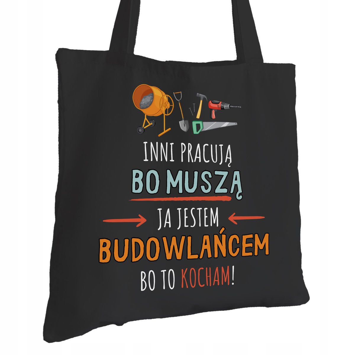 Torba Bawełniana dla Budowlańca Czarna Na Prezent ekologiczna Trwały Nadruk