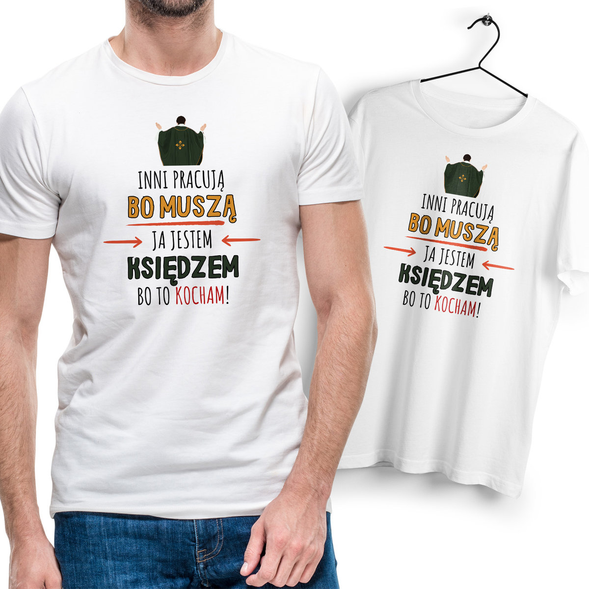 Koszulka Męska Biała dla Księdza Bawełniana T-shirt Trwały Nadruk