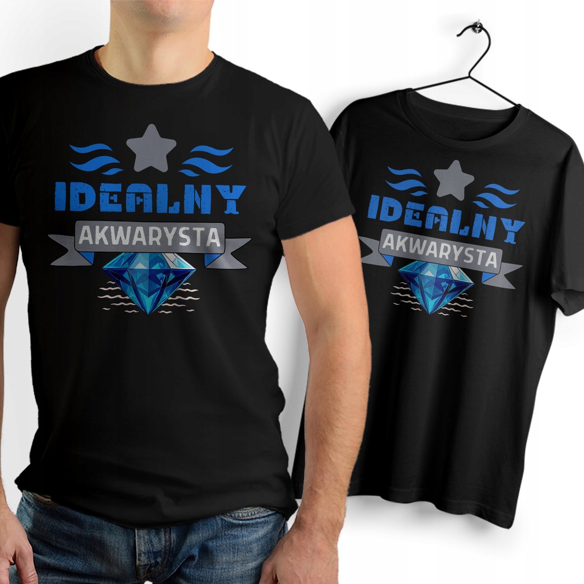 Koszulka Męska Czarna dla Akwarysty Bawełniana T-shirt Trwały Nadruk