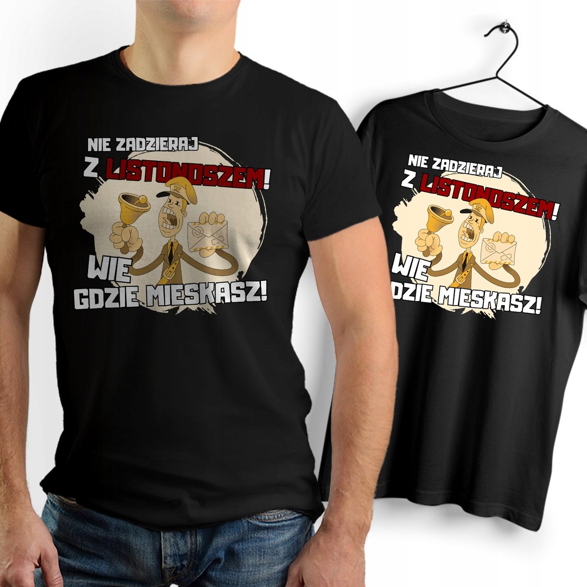 Koszulka Męska Czarna dla Listonosza Bawełniana T-shirt Trwały Nadruk