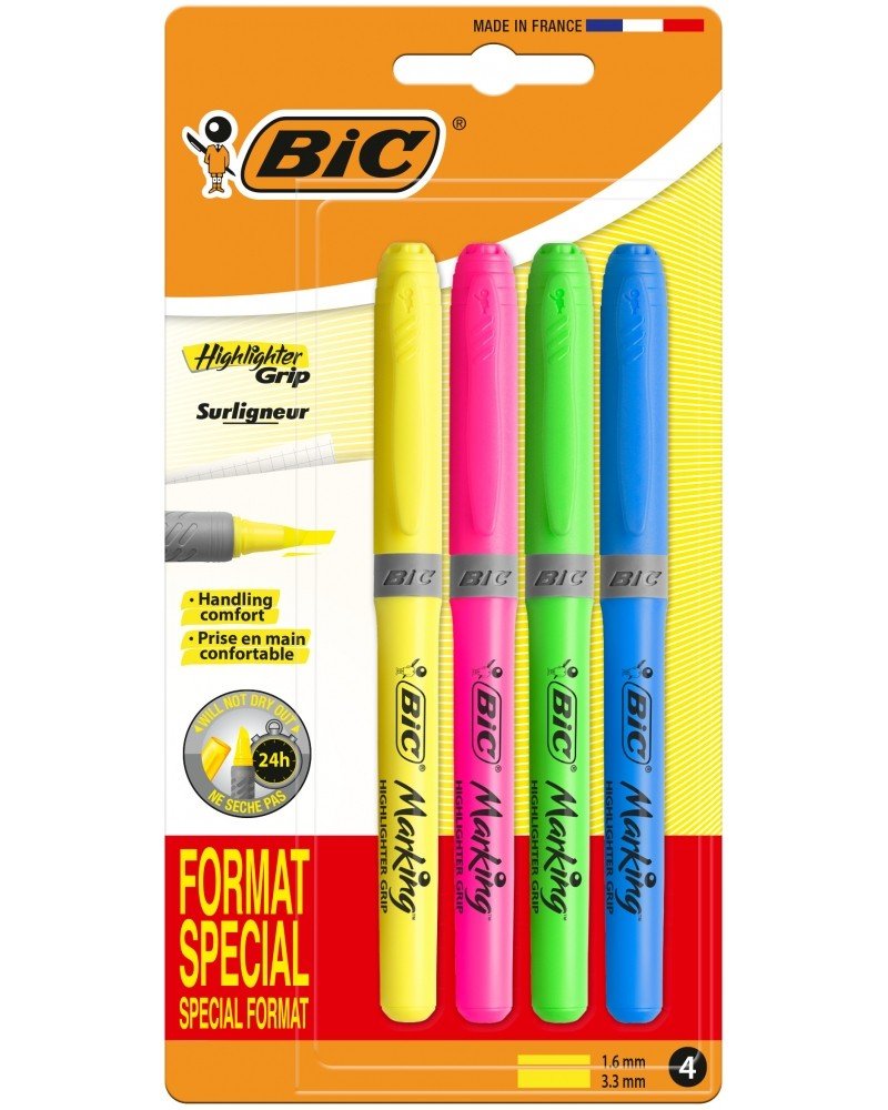 BIC, zakreślacz bic highlighter grip special format  4 kolory blister