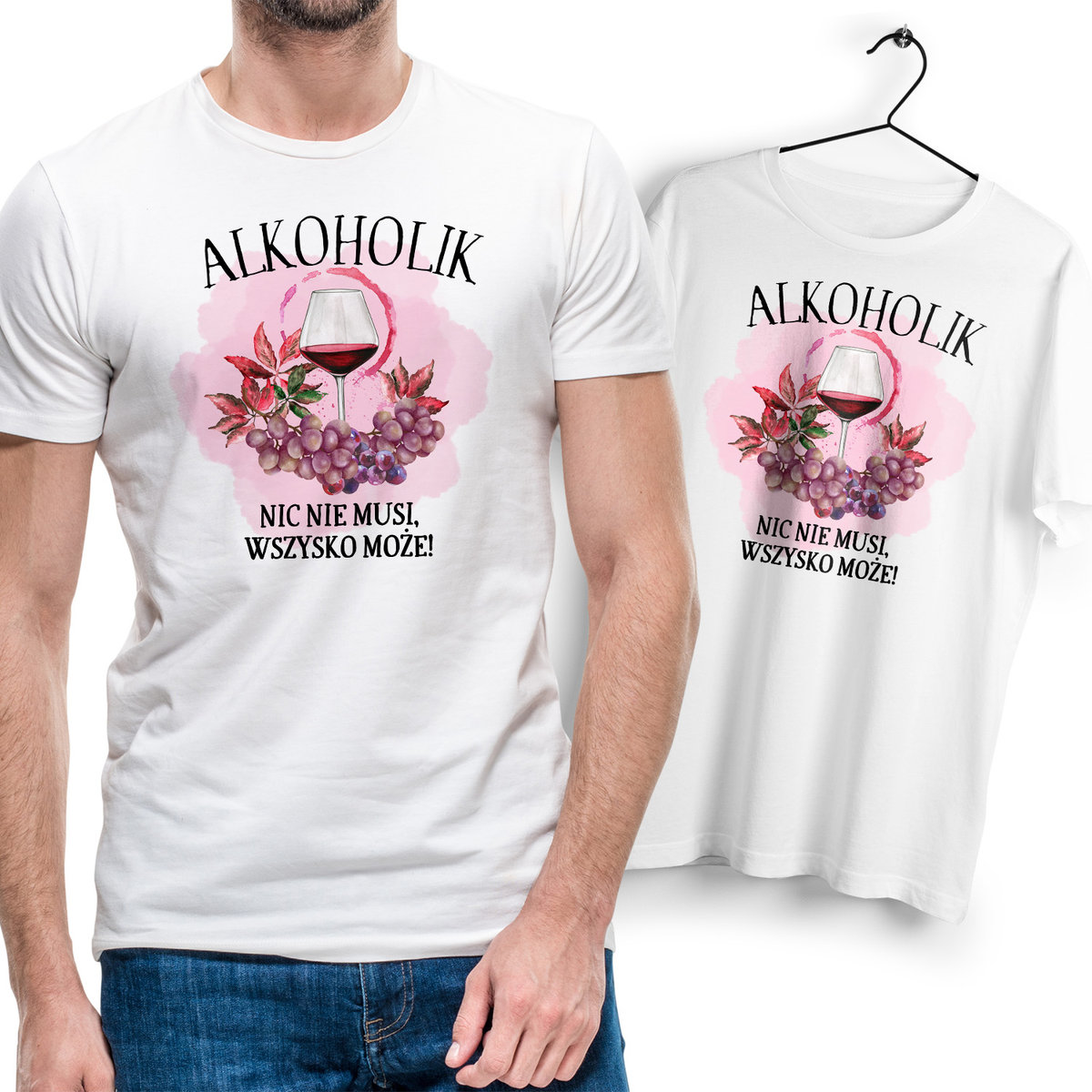 Koszulka Męska Biała dla Alkoholika Bawełniana T-shirt Trwały Nadruk