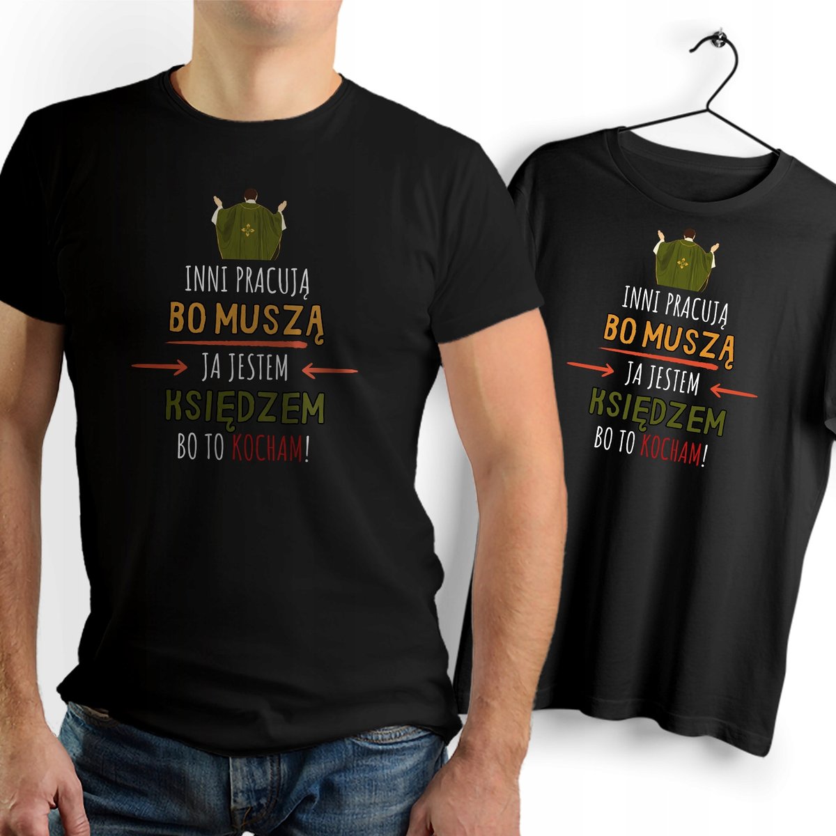 Koszulka Męska Czarna dla Księdza Bawełniana T-shirt Trwały Nadruk