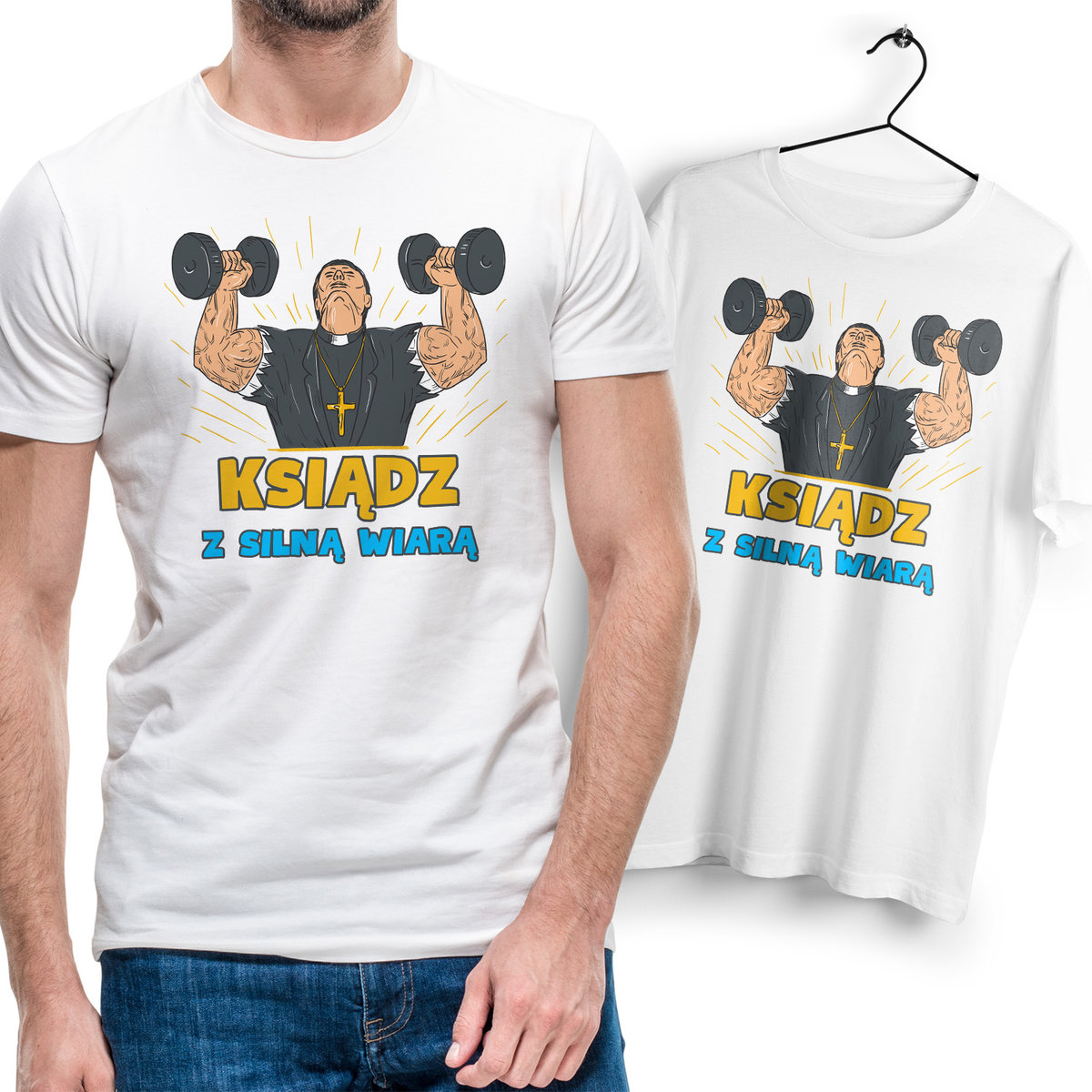 Koszulka Męska Biała dla Księdza Bawełniana T-shirt Trwały Nadruk