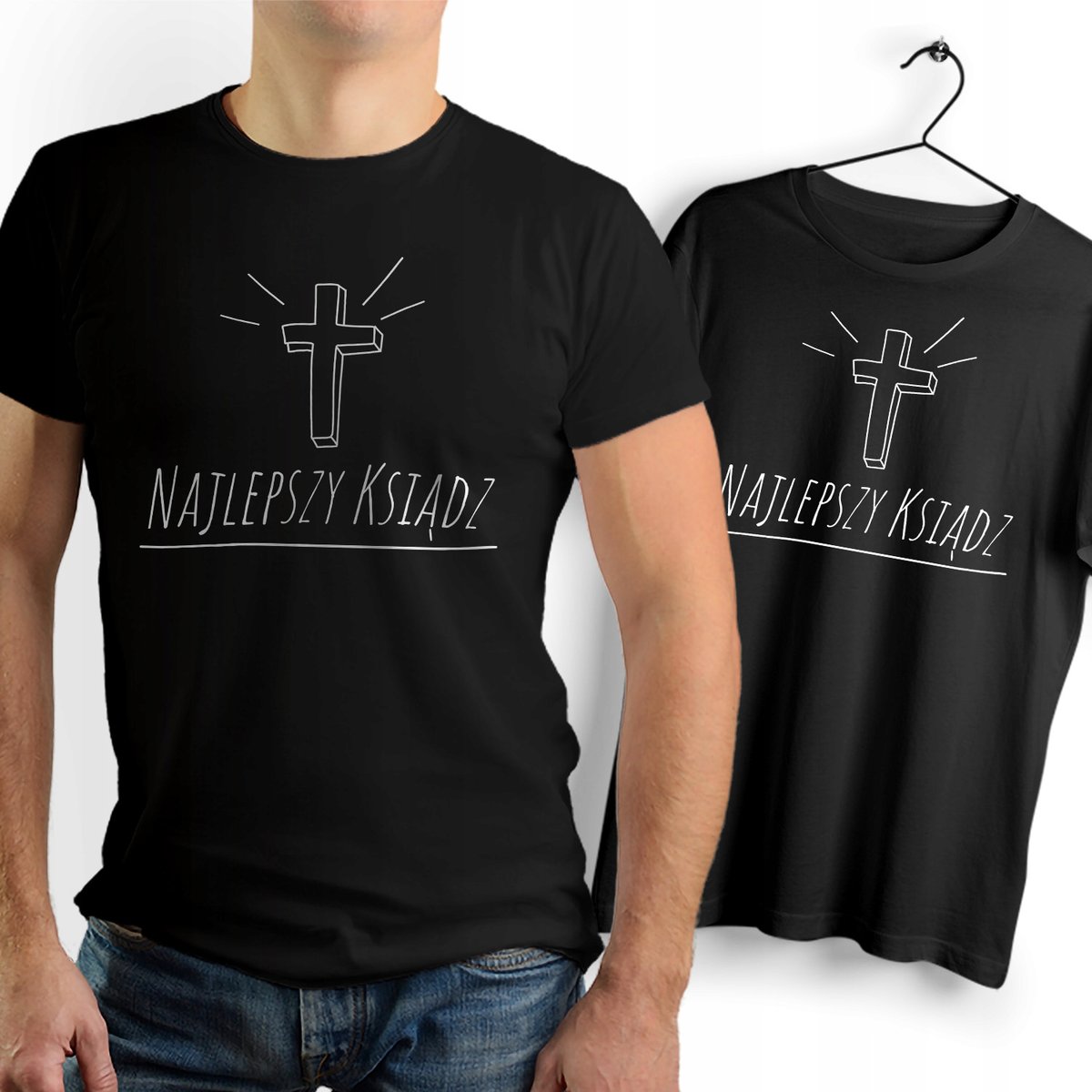 Koszulka Męska Czarna dla Księdza Bawełniana T-shirt Trwały Nadruk