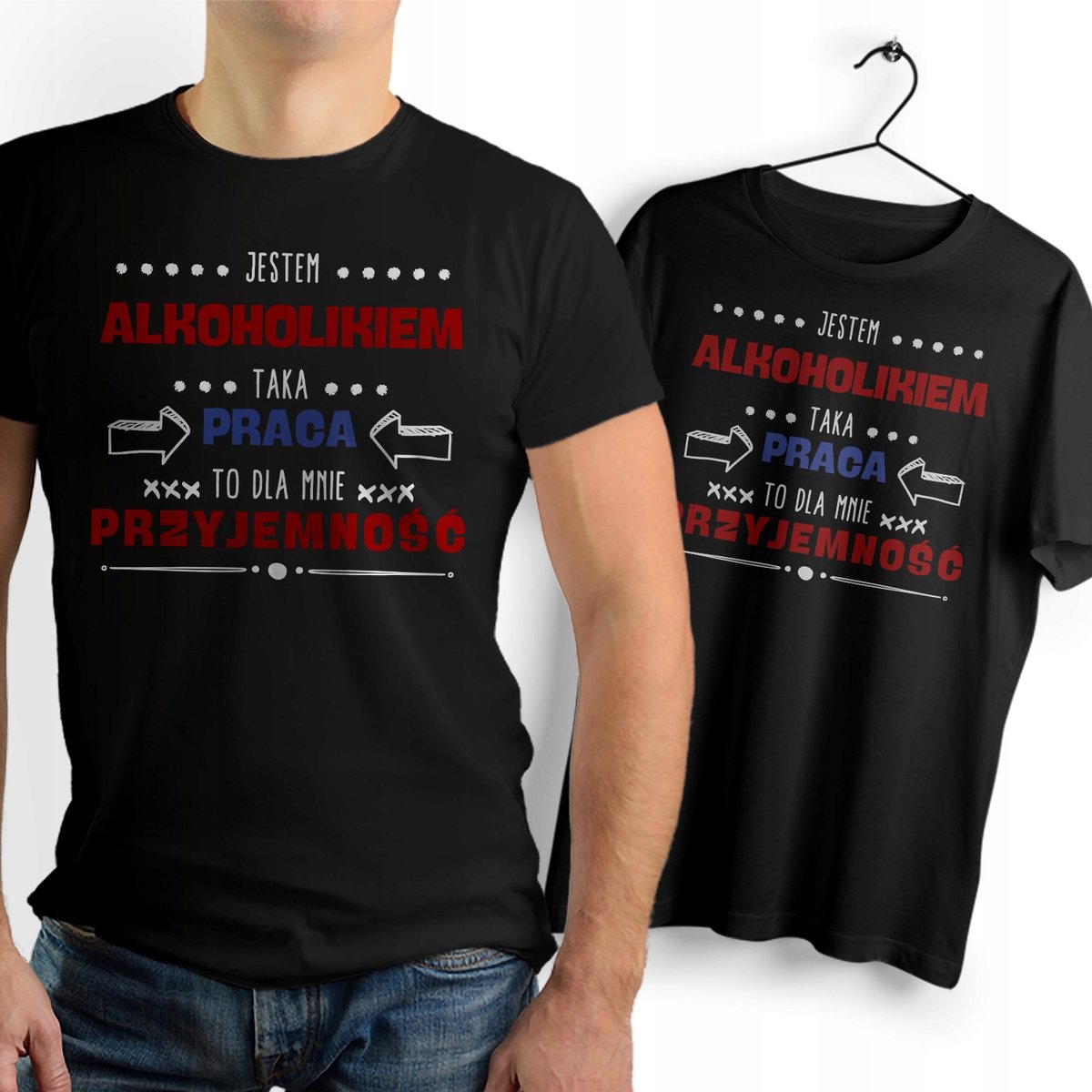 Koszulka Męska Czarna dla Alkoholika Bawełniana T-shirt Trwały Nadruk