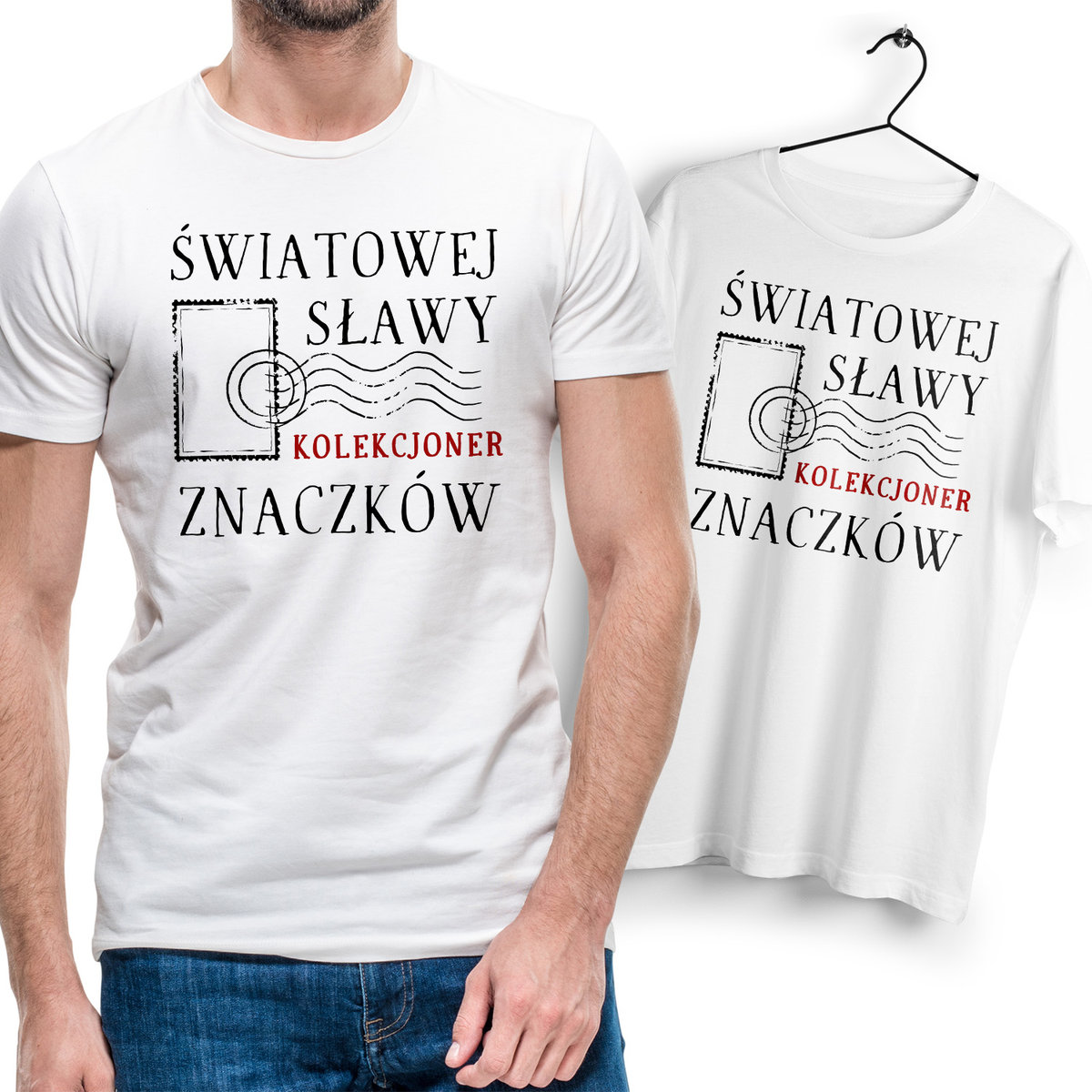 Koszulka Męska Biała dla Filatelisty Bawełniana T-shirt Trwały Nadruk