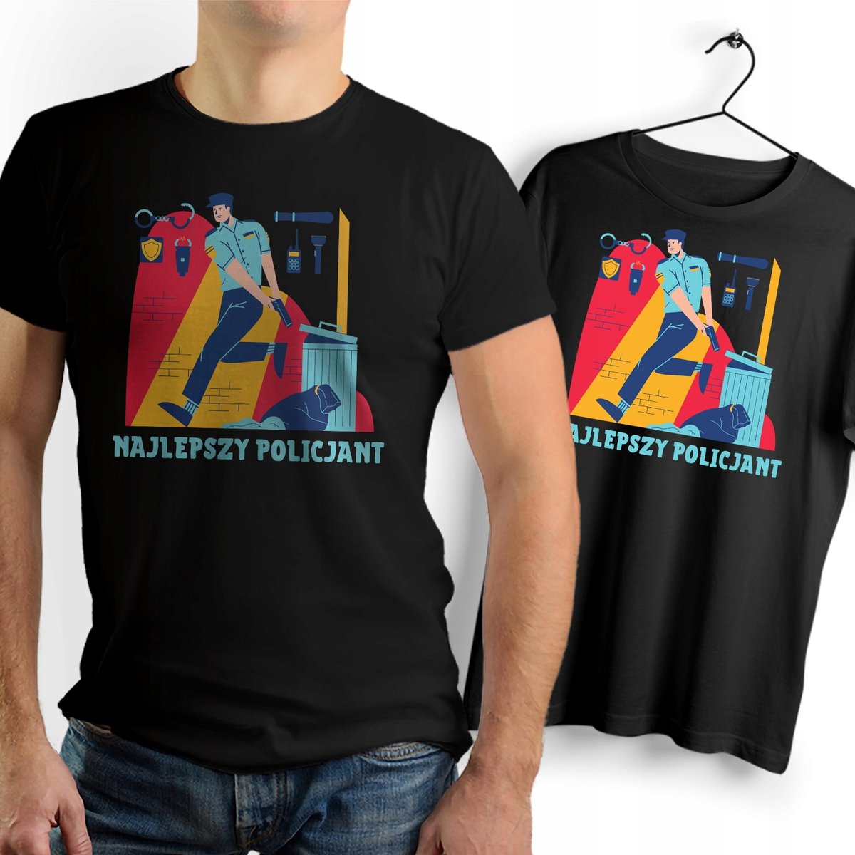 Koszulka Męska Czarna dla Policjanta Bawełniana T-shirt Trwały Nadruk