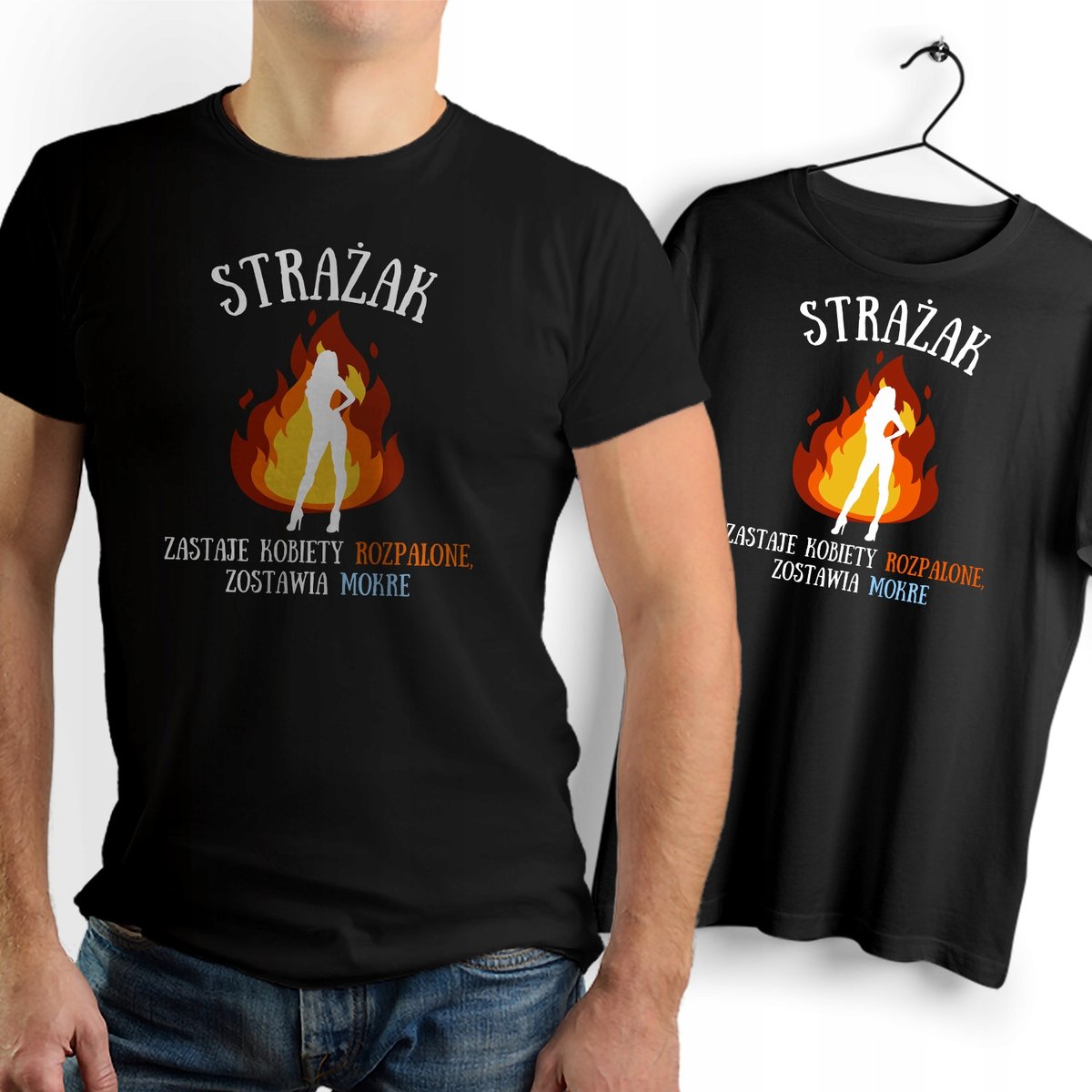 Koszulka Męska Czarna dla Strażaka Bawełniana T-shirt Trwały Nadruk