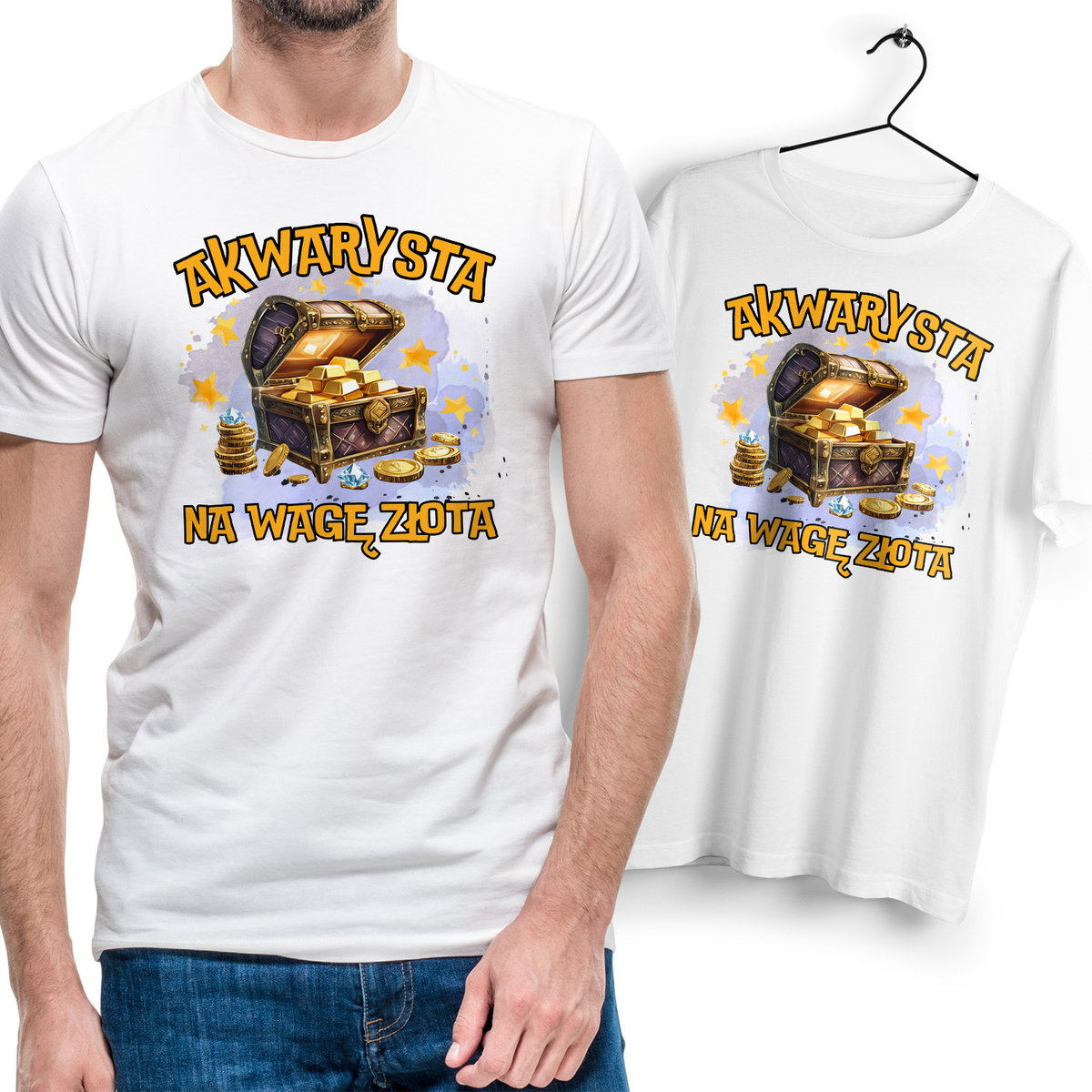 Koszulka Męska Biała dla Akwarysty Bawełniana T-shirt Trwały Nadruk