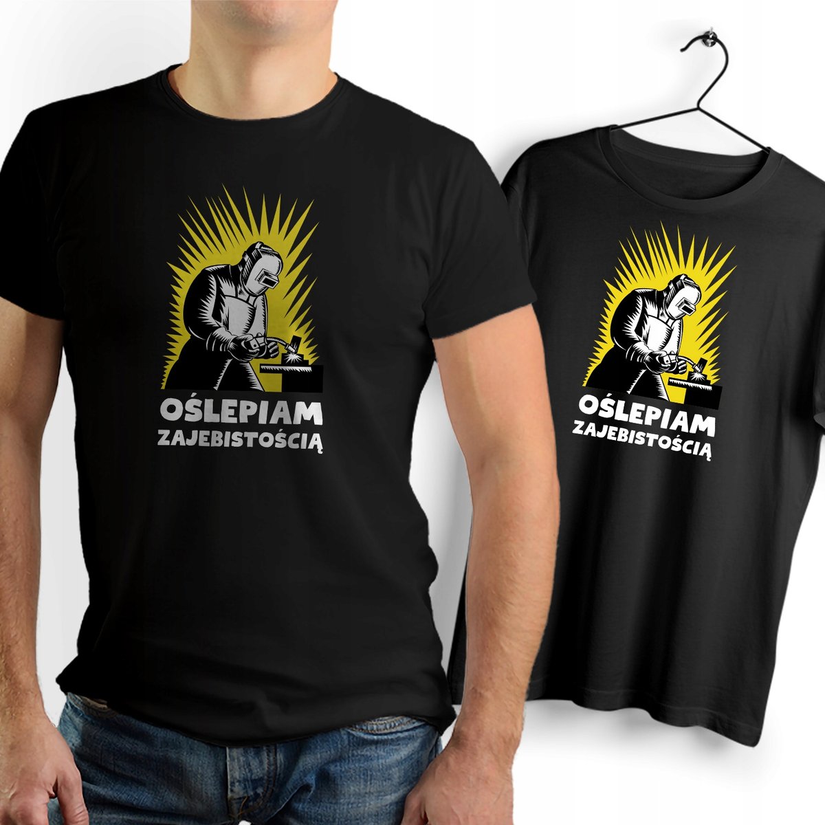 Koszulka Męska Czarna dla Spawacza Bawełniana T-shirt Trwały Nadruk