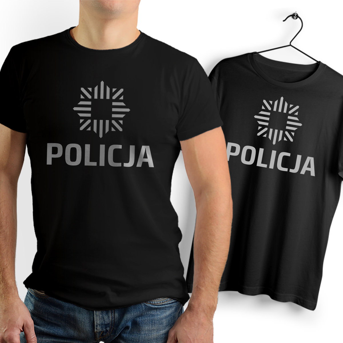 Koszulka Męska Czarna dla Policjanta Bawełniana T-shirt Trwały Nadruk