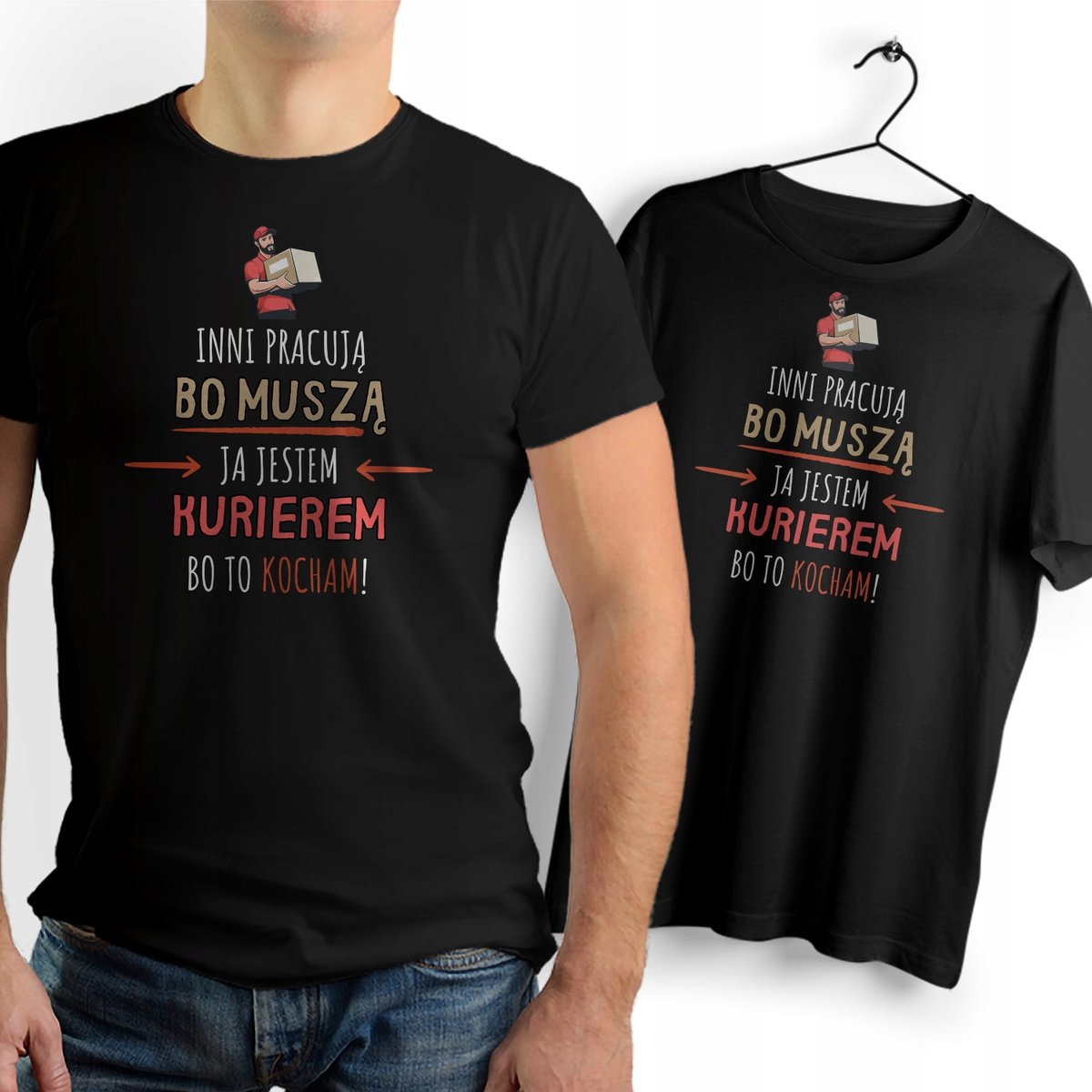 Koszulka Męska Czarna dla Kuriera Bawełniana T-shirt Trwały Nadruk