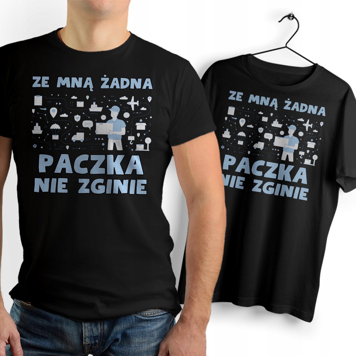 Koszulka Męska Czarna dla Kuriera Bawełniana T-shirt Trwały Nadruk