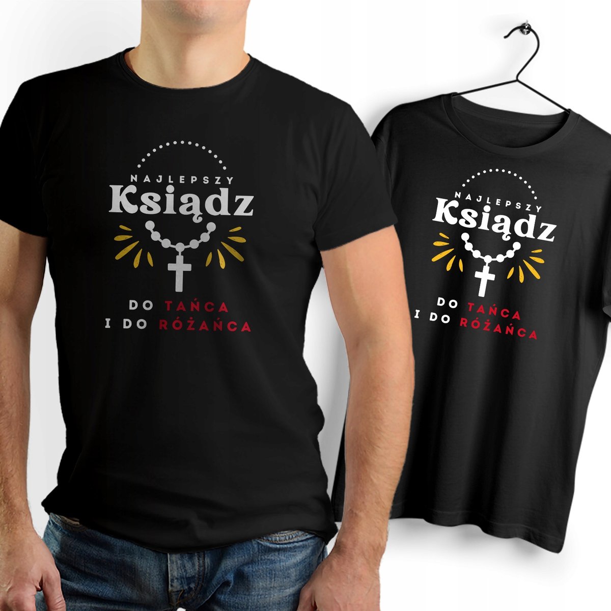 Koszulka Męska Czarna dla Księdza Bawełniana T-shirt Trwały Nadruk