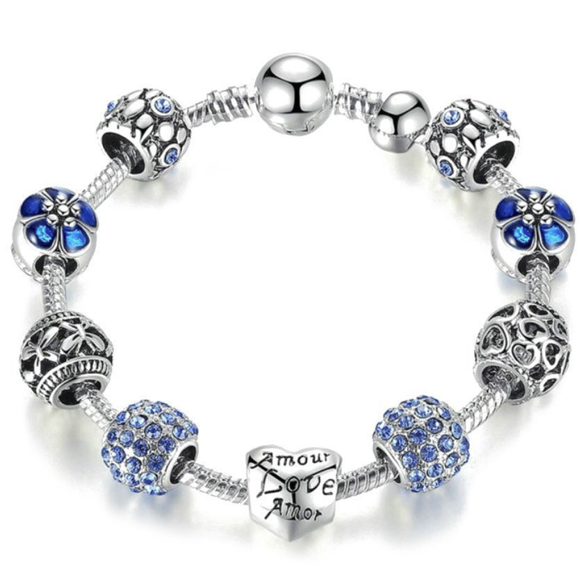 Bransoletka damska SREBRNA modułowa blue  CHARMS