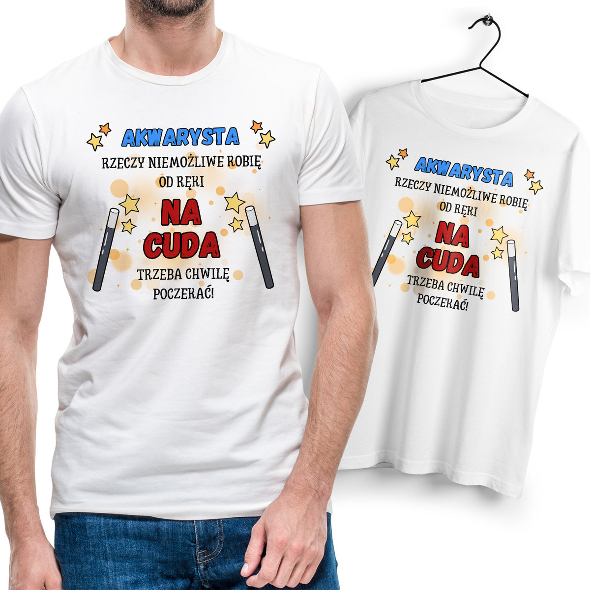 Koszulka Męska Biała dla Akwarysty Bawełniana T-shirt Trwały Nadruk