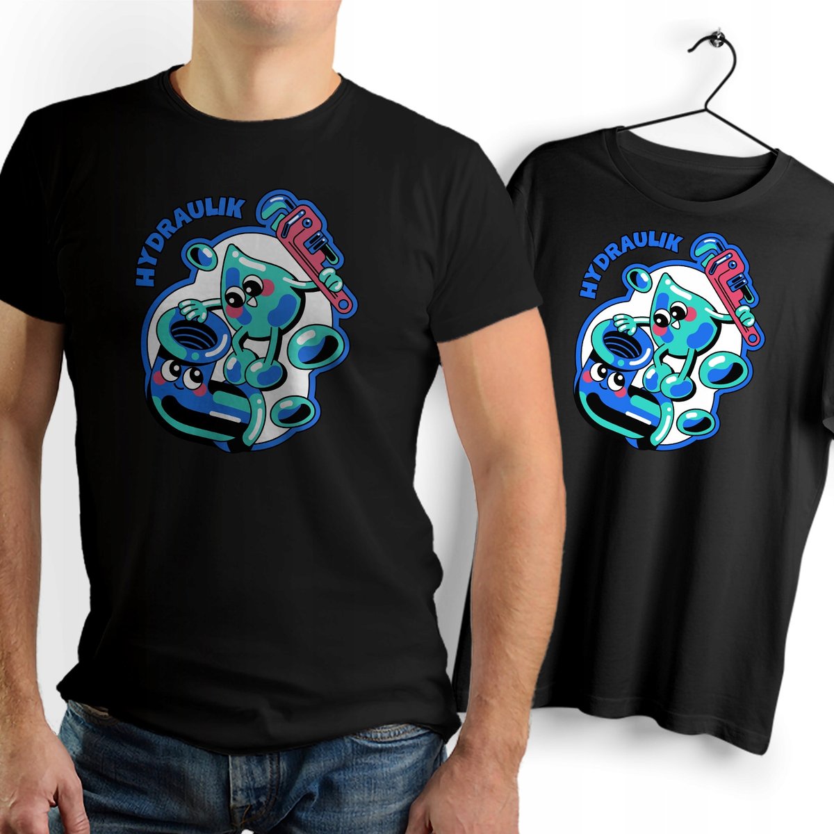 Koszulka Męska Czarna dla Hydraulika Bawełniana T-shirt Trwały Nadruk