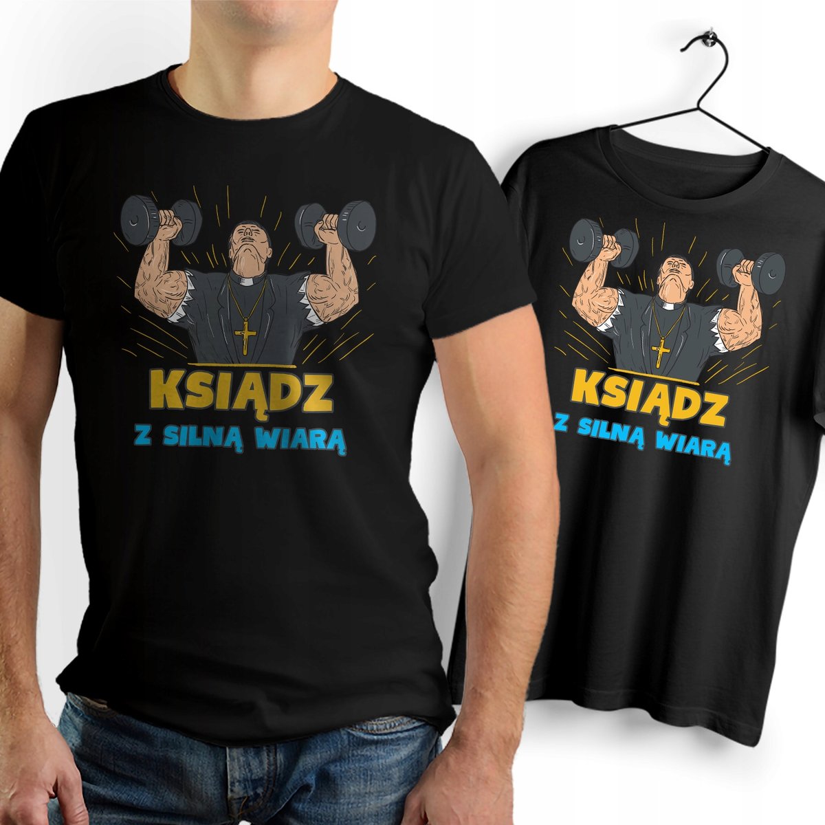 Koszulka Męska Czarna dla Księdza Bawełniana T-shirt Trwały Nadruk