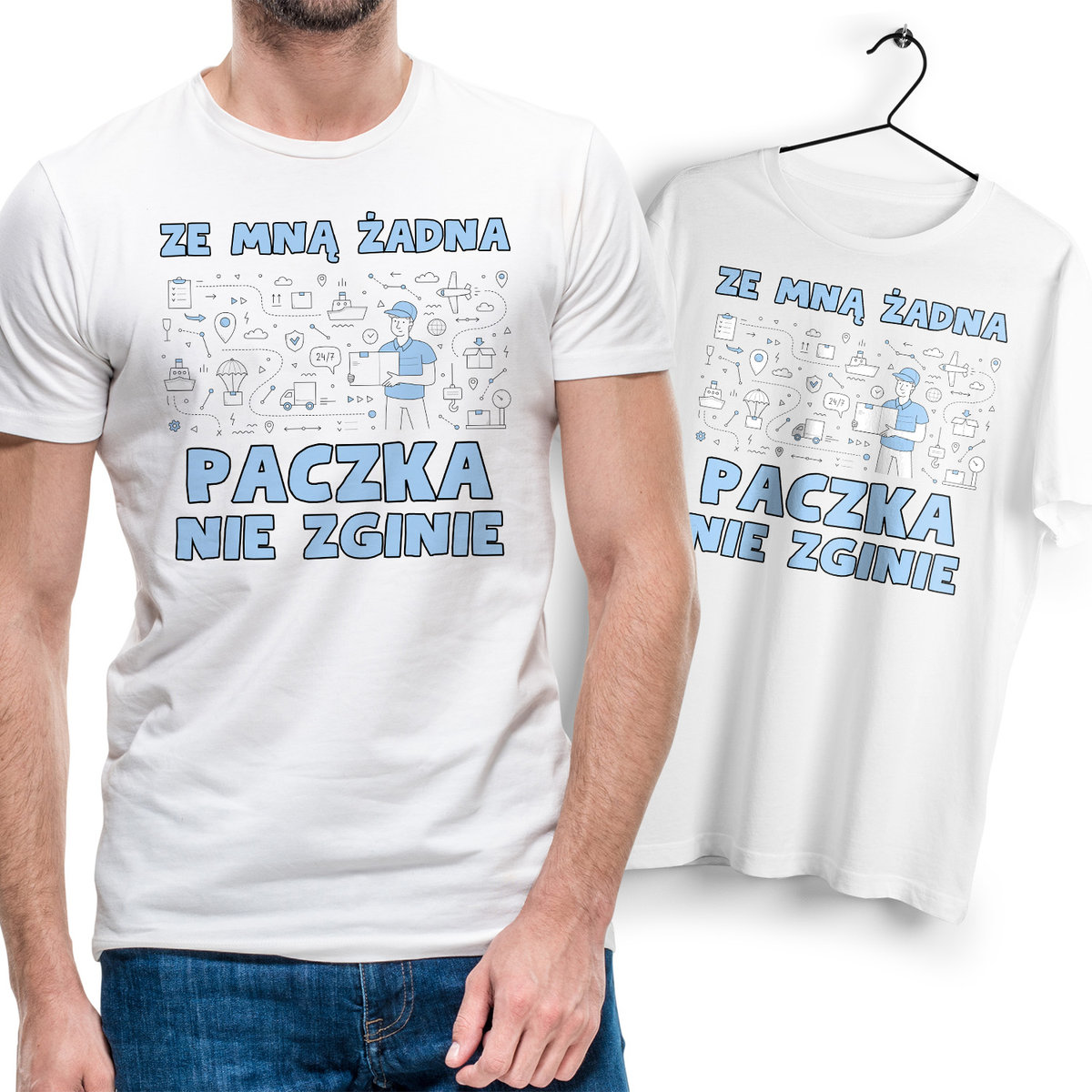Koszulka Męska Biała dla Kuriera Bawełniana T-shirt Trwały Nadruk