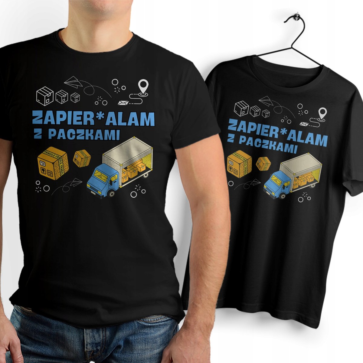Koszulka Męska Czarna dla Kuriera Bawełniana T-shirt Trwały Nadruk