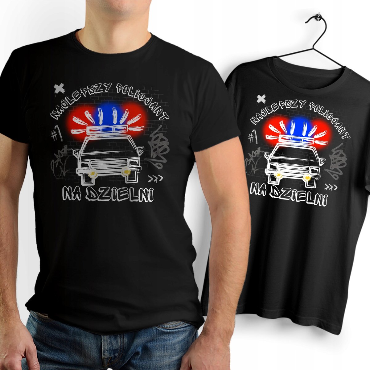 Koszulka Męska Czarna dla Policjanta Bawełniana T-shirt Trwały Nadruk