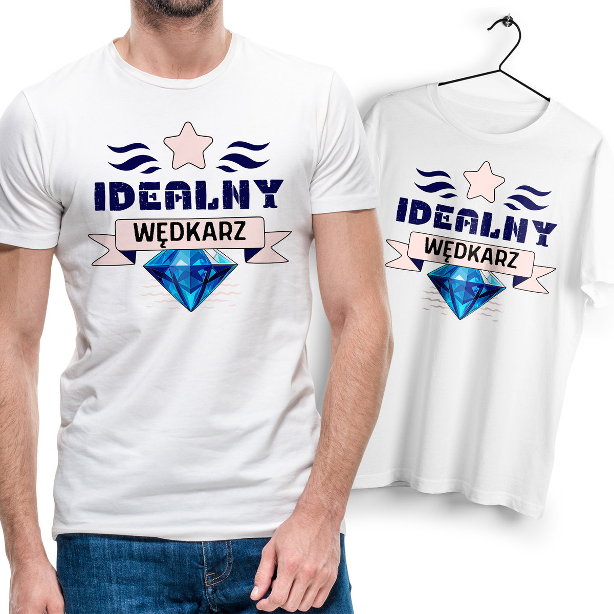 Koszulka Męska Biała dla Wędkarza Bawełniana T-shirt Trwały Nadruk