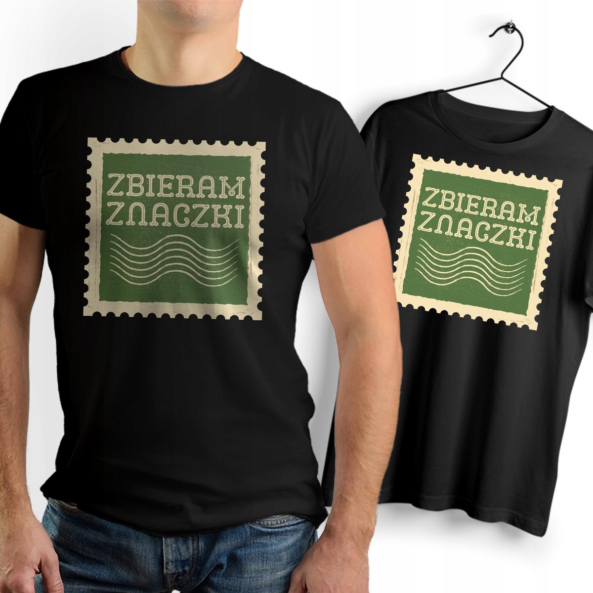 Koszulka Męska Czarna dla Filatelisty Bawełniana T-shirt Trwały Nadruk