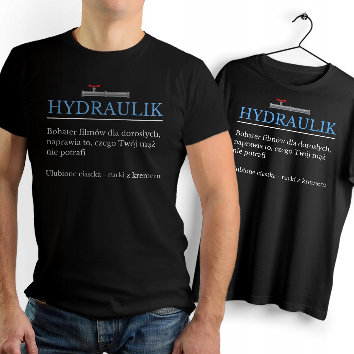 Koszulka Męska Czarna dla Hydraulika Bawełniana T-shirt Trwały Nadruk