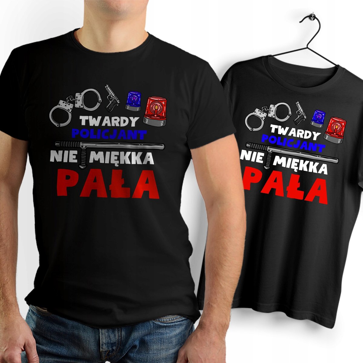 Koszulka Męska Czarna dla Policjanta Bawełniana T-shirt Trwały Nadruk