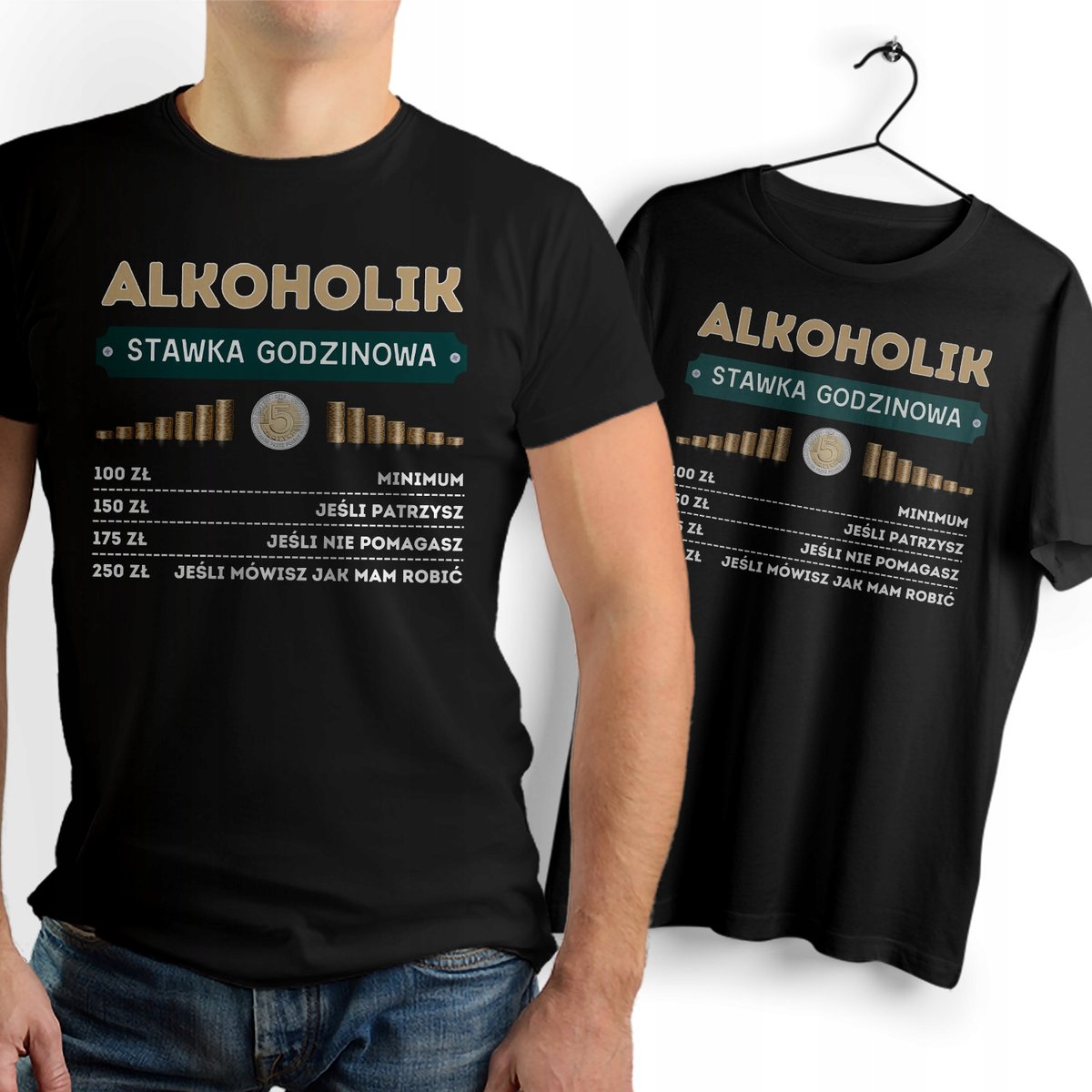Koszulka Męska Czarna dla Alkoholika Bawełniana T-shirt Trwały Nadruk