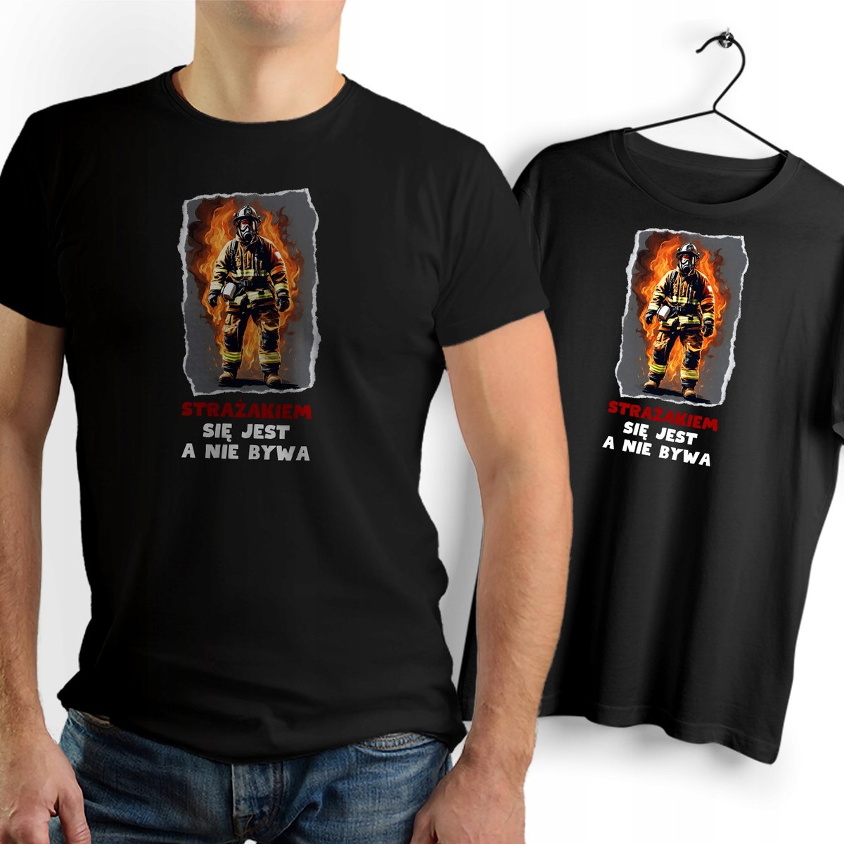 Koszulka Męska Czarna dla Strażaka Bawełniana T-shirt Trwały Nadruk