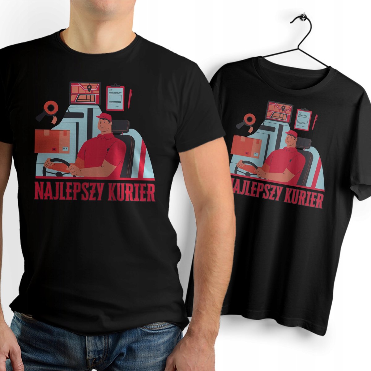 Koszulka Męska Czarna dla Kuriera Bawełniana T-shirt Trwały Nadruk