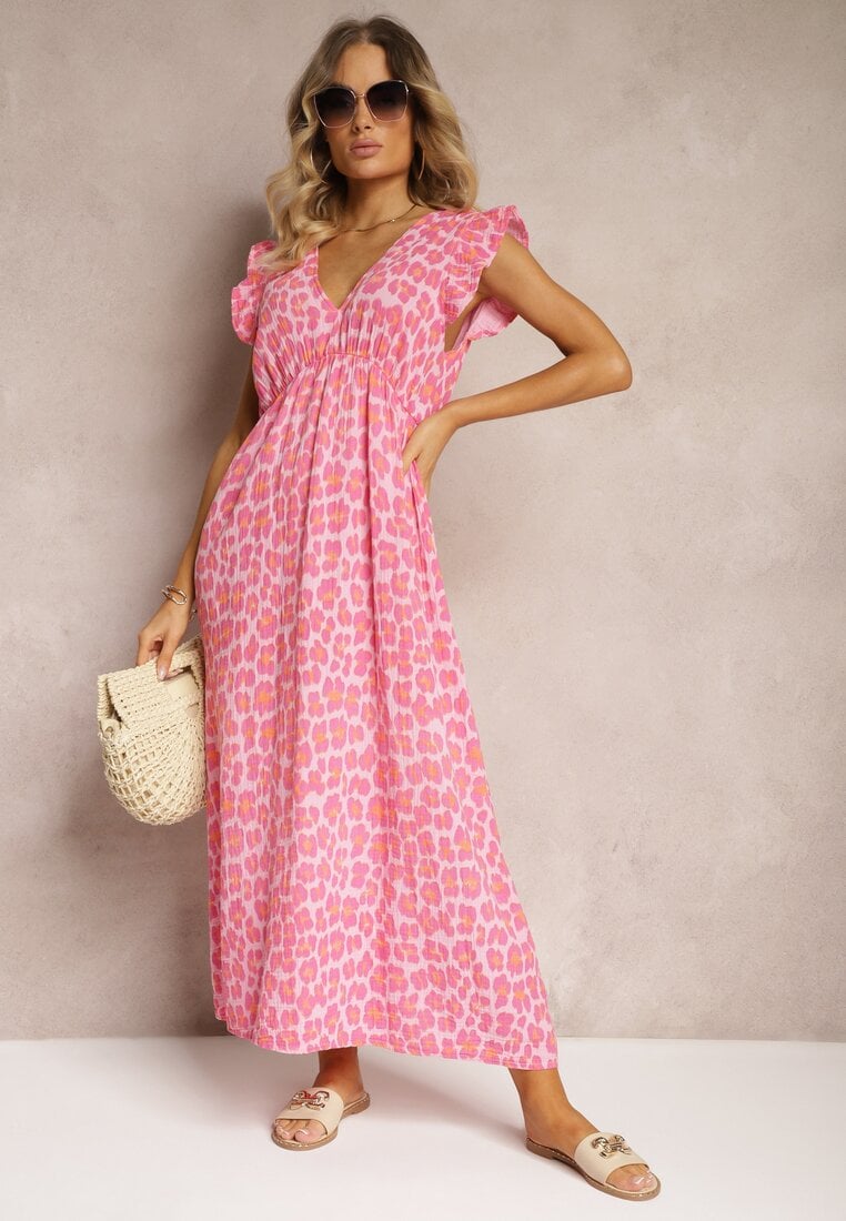 Różowa Sukienka Boho z Bawełny Ozdobiona Wiązaniem Carivia