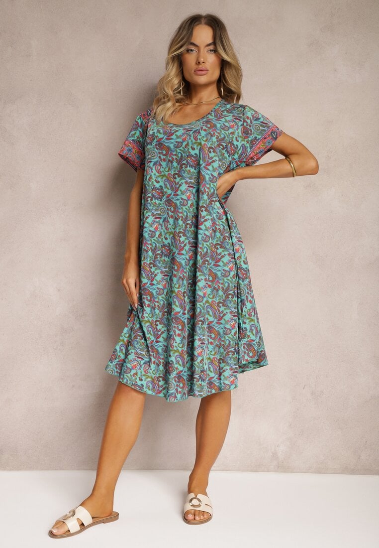 Zielona Rozkloszowana Sukienka z Wiskozy w Kwiaty Rivanira