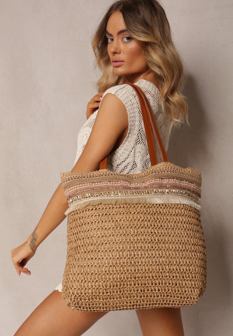 Brązowa Pleciona Duża Torebka Ozdobiona Frędzlami Rivarasia