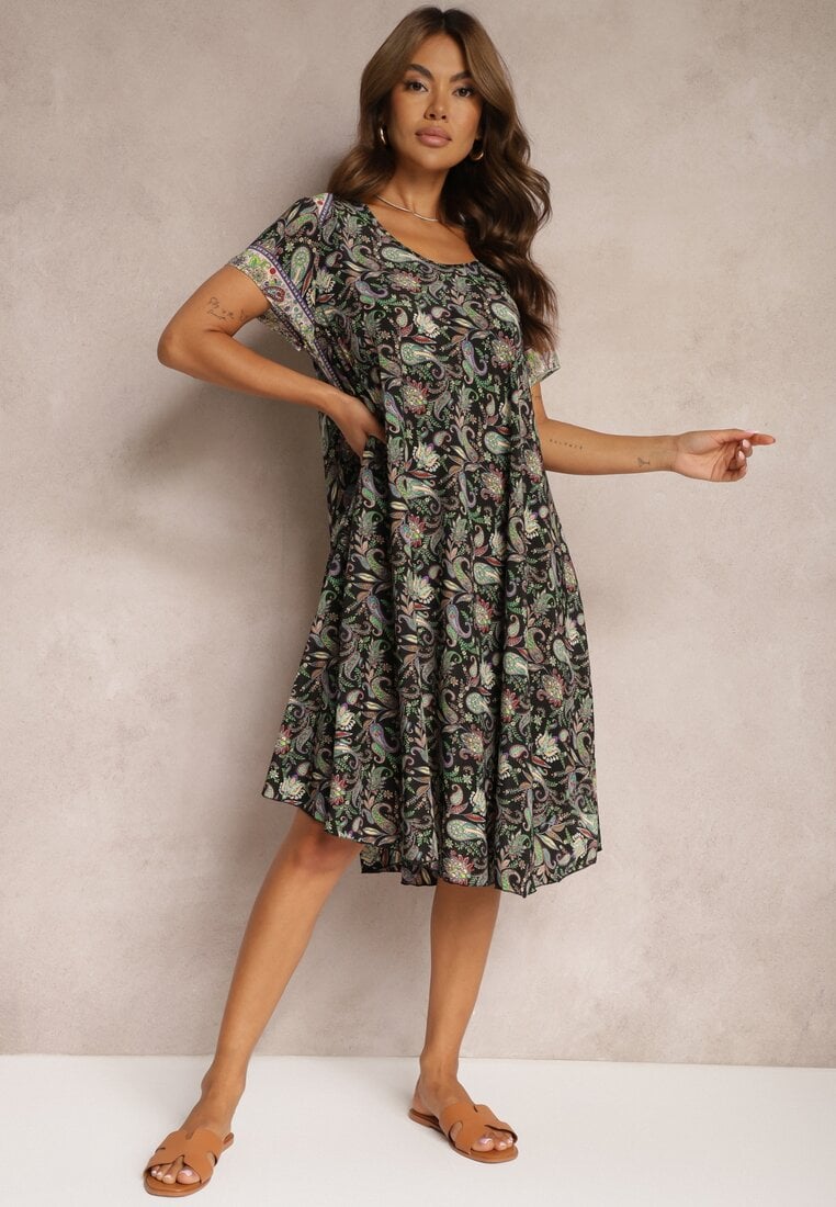 Czarno-Zielona Rozkloszowana Sukienka z Wiskozy w Kwiaty Rivanira