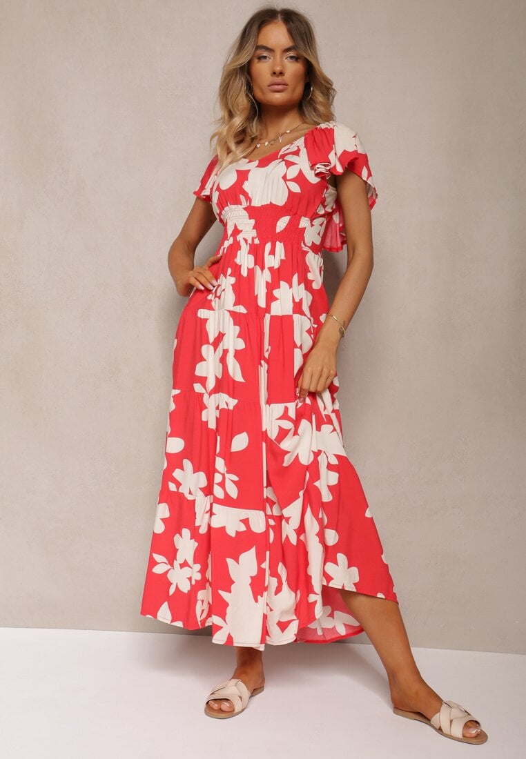 Czerwono-Biała Rozkloszowana Sukienka z Wiskozy z Gumką w Pasie Nansiane